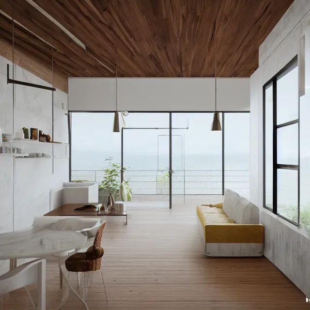 Prompt: modern a frame interior in a wooden cabin, yellow cabinets and white walls, vintage fridge, large window in back with ocean scenery, marble countertops, leather couch, spiral staircase, realistic, unreal engine render, octane render, hyper realistic, photo, 8 k