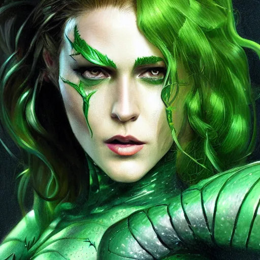 Image similar to full figure ultra realistic illustration, evan rachel wood as poison ivy wearing futuristic black armor, green skin, highly detailed, digital painting, artstation, concept art, smooth, sharp focus, illustration, art by artgerm and greg rutkowski and alphonse mucha