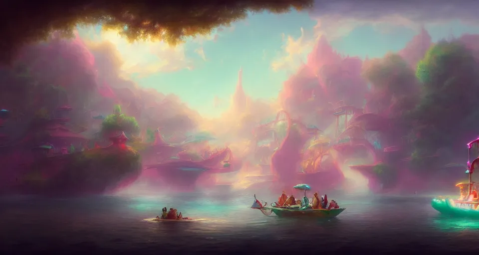 Image similar to an amusement park boat ride with pastel colors by peter mohrbacher, vivid colors, matte painting, 8K, concept art, mystical color scheme, trending on artstation