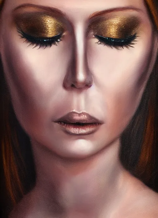 Image similar to hyper realistic, portrait, close - up, make up, dark witch, painting by ansell, mary jane, smooth, sharp focus