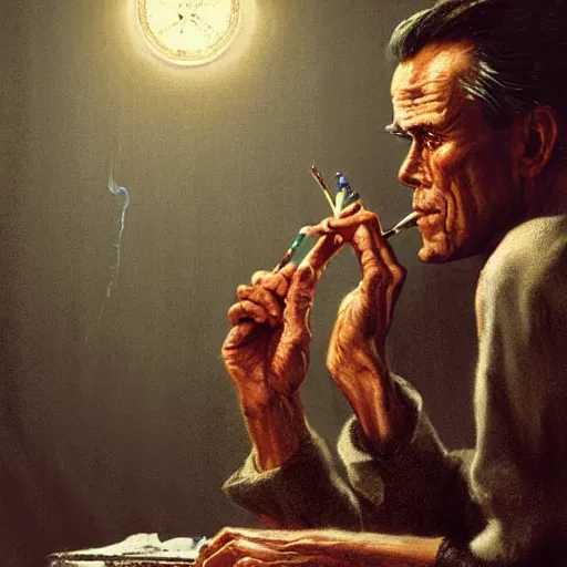 Image similar to a highly detailed epic cinematic concept art CG render digital painting artwork costume design: Henry Fonda as a 1950s tired disillusioned poet, barefoot, smoking a cigarette. volumetric lighting. By Greg Rutkowski, in the style of Francis Bacon and Syd Mead and Norman Rockwell and Beksinski, open ceiling, highly detailed hands and cigarette, painted by Francis Bacon and Edward Hopper, painted by James Gilleard, surrealism, airbrush, Ilya Kuvshinov, WLOP, Stanley Artgerm, very coherent, triadic color scheme, realistic facial expression, art by Takato Yamamoto and James Jean