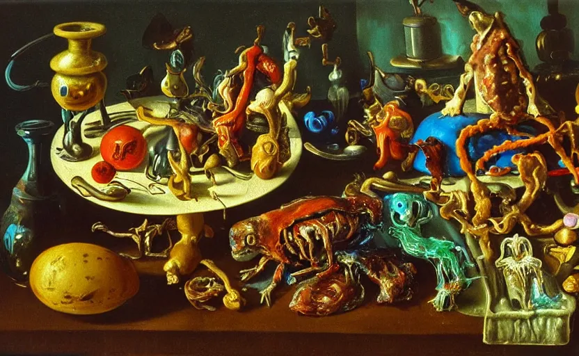 Image similar to disturbing colorful oil painting dutch golden age vanitas still life with bizarre objects strange gooey transparent surfaces shiny metal reflections bizarre mutant meat insects rachel ruysch dali todd schorr very detailed perfect composition rule of thirds masterpiece canon 5 0 mm, cinematic lighting, photography, retro, film, kodachrome