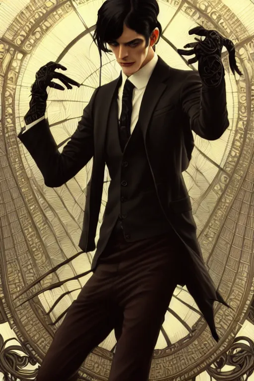 Image similar to ultra realistic, thin man in expensive modern business suit, black hair, brown eyes, occult jewelry, goth, fantasy, intricate details, eerie, highly detailed, octane render, 8 k, art by artgerm and alphonse mucha and greg rutkowski