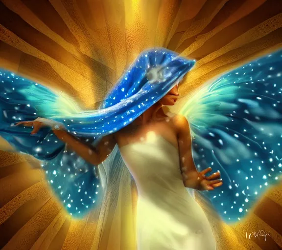 Image similar to beautiful astonishing mystical creature with beautiful body shape wearing a magic blue blanket and flying through the air, digital art