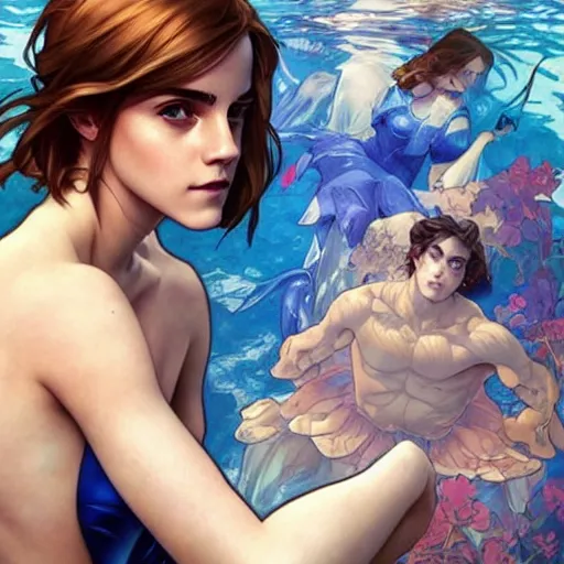 Image similar to emma watson under water, perfect coloring, low saturation, epic composition, masterpiece, bold complimentary colors. stunning masterfully illustrated by artgerm, range murata, alphonse mucha, katsuhiro otomo