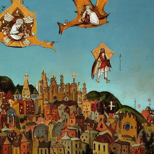 Image similar to a medival painting of holy objects flying above a medival town.