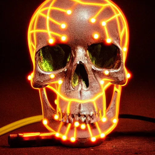Image similar to psychedelic skull with a hood connected to a robotic body made of rusty metals holding a floating neon orb, electricity, high detail, cinematic lighting