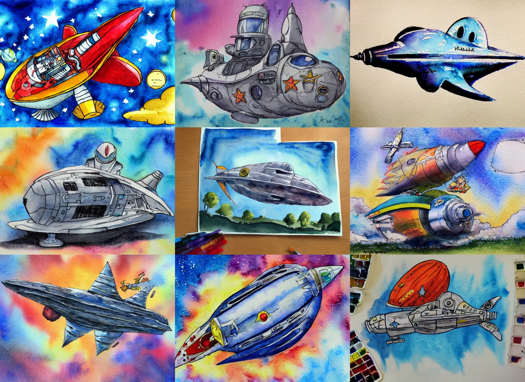 Prompt: watercolor painting cartoon fantasy spaceship