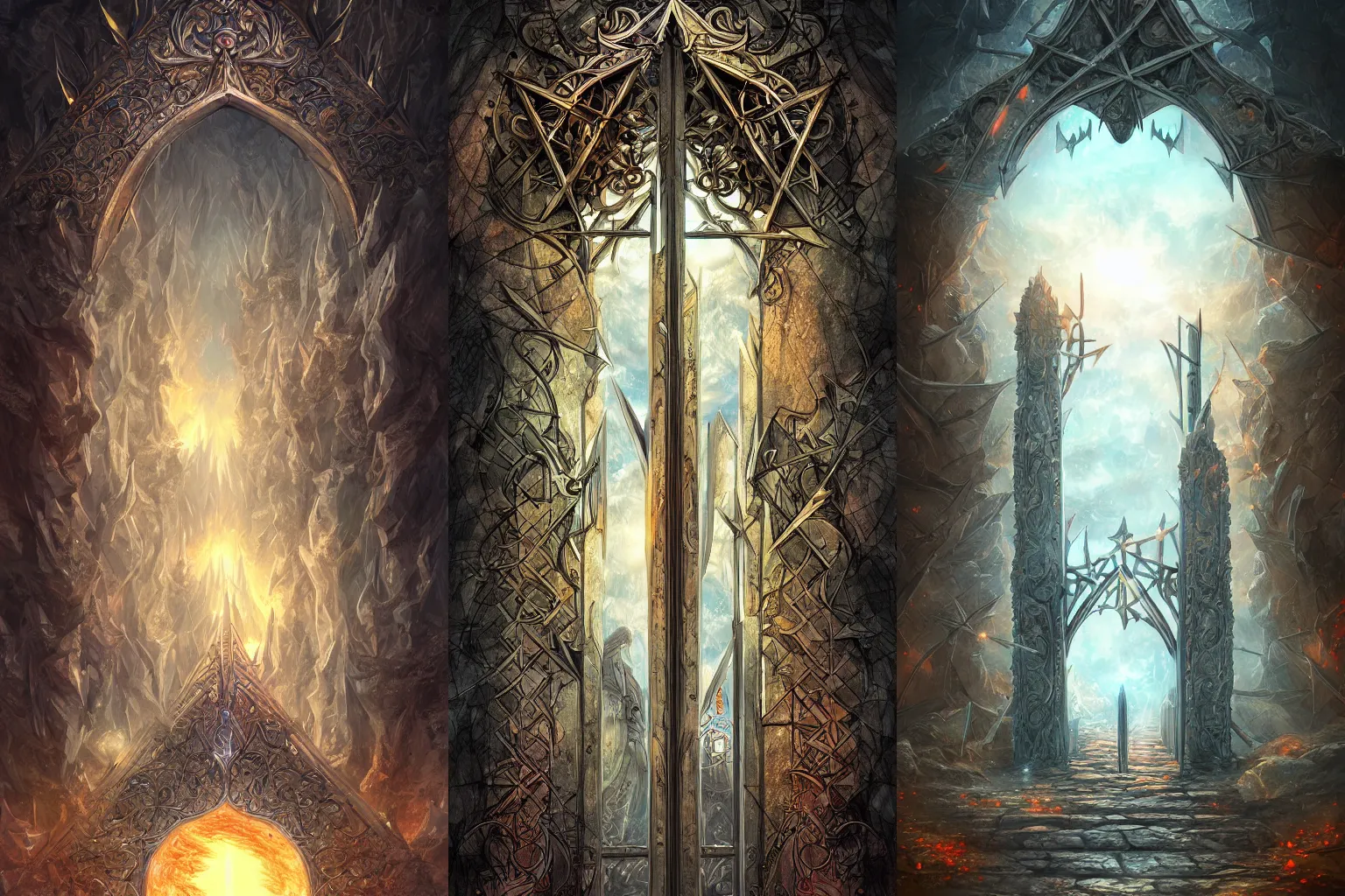 Image similar to the gate to the eternal kingdom of triangles, fantasy, digital art, hd, detailed.