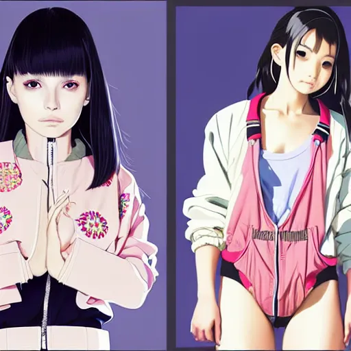 Image similar to a beautiful japanese natalie portman gravure model, wearing oversized native designer bomber jacket and leotard with overalls, bulky poofy bomber jacket with mesoamerican patterns, mesoamerican native street fashion, gapmoe yandere grimdark, trending on pixiv fanbox, painted by greg rutkowski makoto shinkai takashi takeuchi studio ghibli, akihiko yoshida