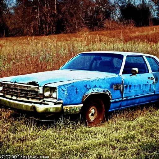 Prompt: A long shot photograph of a rusty, worn out, broken down, decrepit, run down, dingy, faded, chipped paint, tattered, beater 1976 Denim Blue Dodge Aspen in a farm field, photo taken in 1989