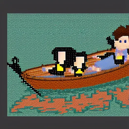 Prompt: harry potter sleeping in a boat on a river, pixel art