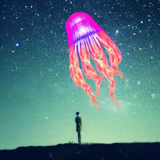 Image similar to over the shoulder photo of a man watching a magic glowing jellyfish in glowing cosmic stardust, colorful stars, galaxies, space, award winning photo, intricate, high detail, atmospheric, desolate