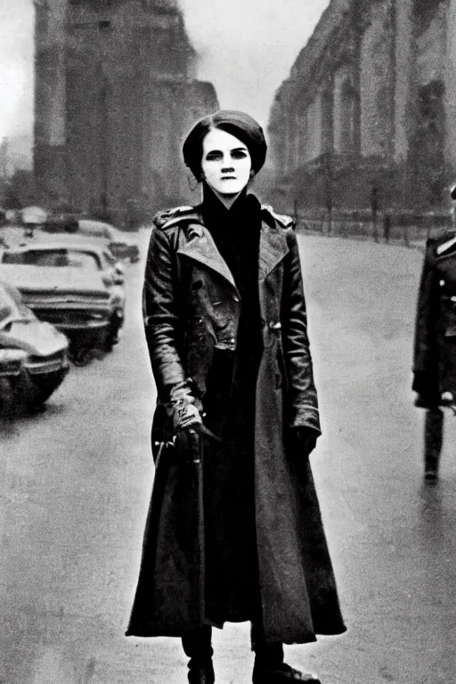 Image similar to photograph of soviet commissar, comrade emma watson, standing in a long leather coat, vintage revolution photograph, famous photo from kgb archives