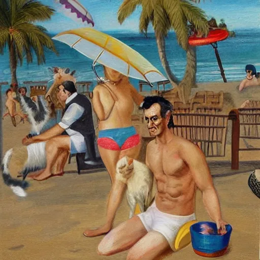 Prompt: painting of Abraham Lincoln sunbathing on a beach in a bikini drinking a pina colada, petting a cat under an umbrella