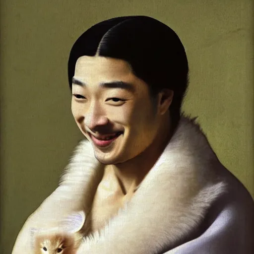 Image similar to A beautiful young Asian man with long shiny hair, light skin color and big green eyes in a beautiful traditional Chinese robe, holding a white fluffy kitten and watching dolphins playing in the pool, he is a prince and a serious person but is smiling, by Johannes Vermeer, Frank Frazetta and William Adolphe Bouguereau, fantasy, trending on artstation, amazing details, mtg, digital painting, concept art