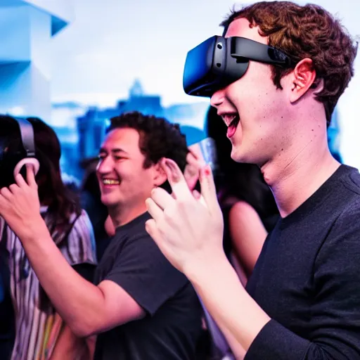 Image similar to anime Mark Zuckerberg smiling dancing with vr headset on while people cheer and cry, in rooftop bar, photo by Mann, detailed, 4k, beautiful