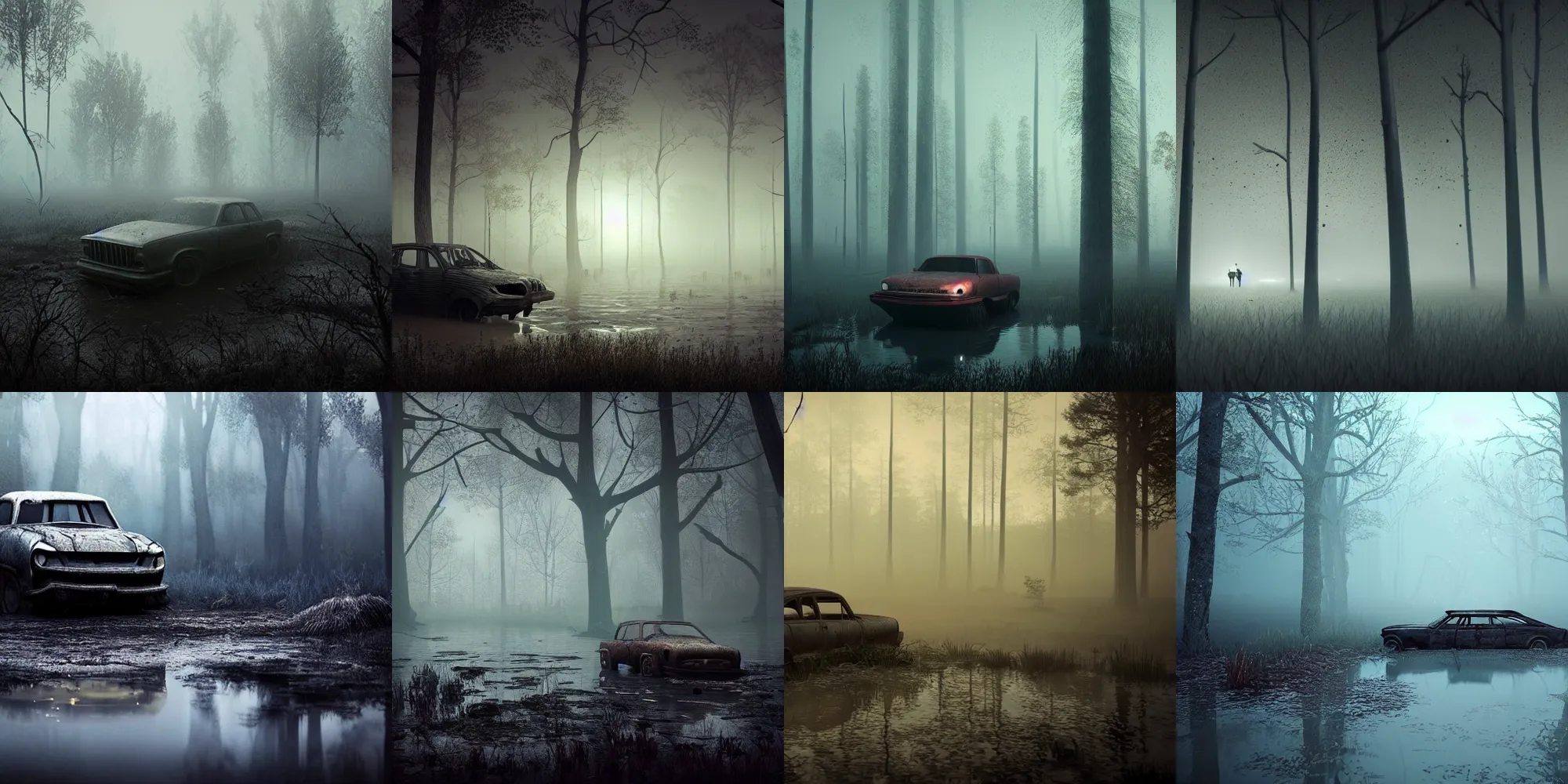 Image similar to beautiful dark creepy foggy swamp landscape, old abandoned car sinking, in the style of beeple and Mike Winkelmann, intricate, epic lighting, cinematic composition, hyper realistic, 8k resolution, unreal engine 5,