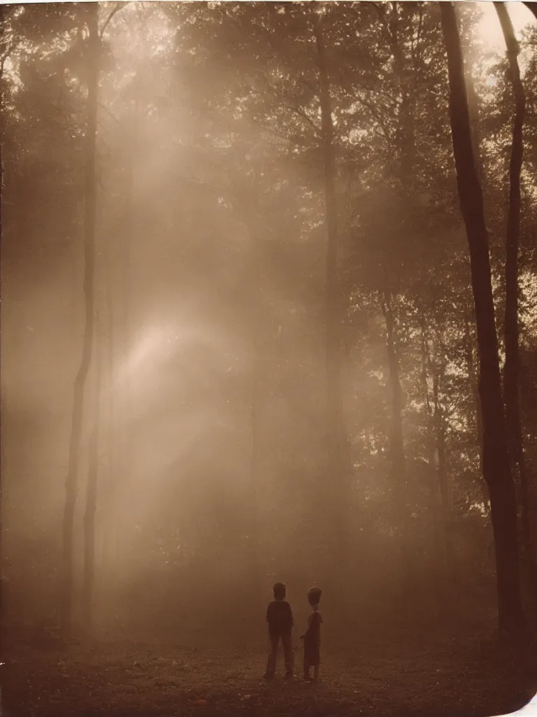 Image similar to a boy and a girl side by side, posing for a picture, a ray of light between their faces, god rays through fog, nostalgic, night, some trees in the background, dramatic reddish light, atmospheric, 1 9 7 0 s polaroid