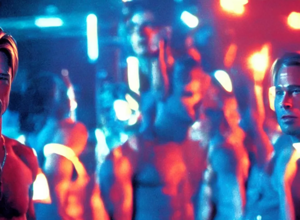 Prompt: color film still, brad pitt and his clones at the disco, neon lights, high quality