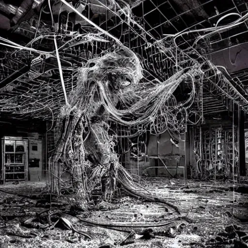 Image similar to a biomechanical cybergoth of dust and ash and wires in a dark grimy bleak room, low key