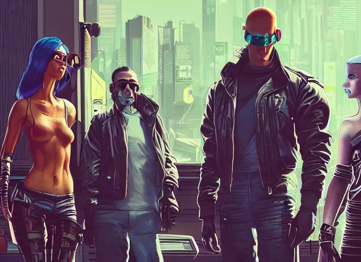 Image similar to cyberpunk heist crew. portrait by stonehouse and mœbius and will eisner and gil elvgren and pixar. character design. realistic proportions. dystopian. cyberpunk 2 0 7 7, apex, blade runner 2 0 4 9 concept art. cel shading. attractive face. thick lines. hi def 4 k. detailed scene.