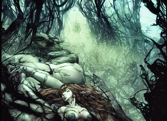 Image similar to my bed is a forest with a giant cthulhuin night and giant eyes dark color by, yoji shinkawa, yoshitaka amano, tsutomu niehi, moebius, donato giancola, trending on artstation, featured on pixiv, cinematic composition