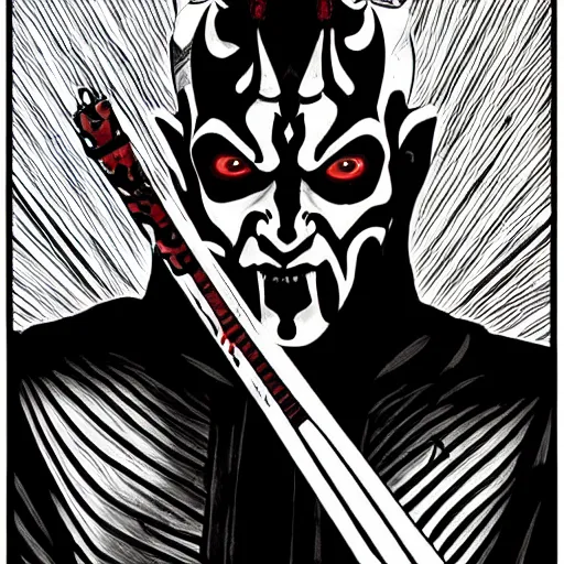 Image similar to Darth Maul portrait in the style of Junji Ito. Manga. Black & White. Gothic. Horror. Exquisitely detailed. 4K.