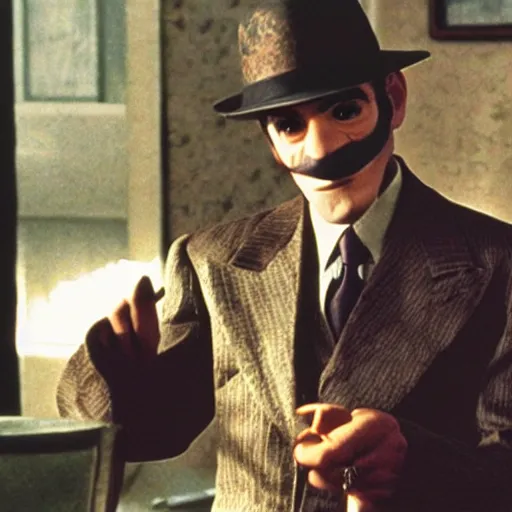 Image similar to movie still of waluigi in the godfather