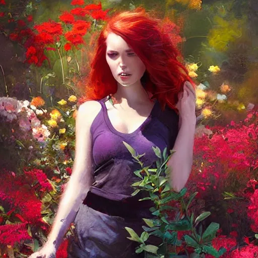 Prompt: a beautiful red haired woman in a garden, beautiful painting by raymond swanland