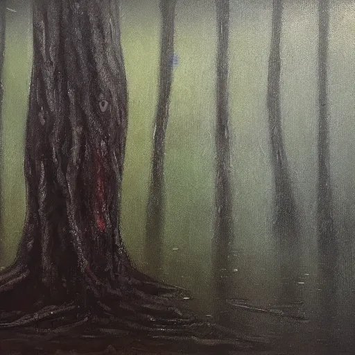 Image similar to humanoid bathynomus, swamp, forest, foggy, oil painting
