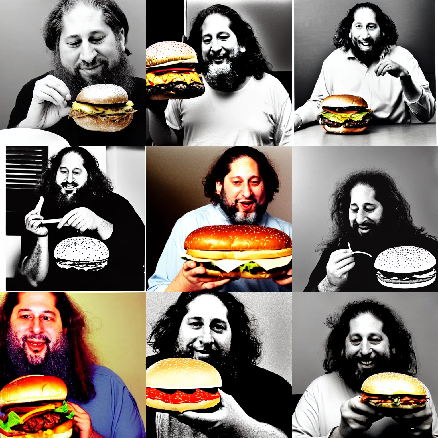 Prompt: photo of richard stallman eating a giant hamburger, 3 5 mm