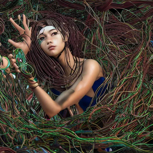 Image similar to deeper into the metaverse we go, piles of modular synth cables mixed with mangrove roots, two kawaii puerto rican goddesses reaching out wearing a headpiece made of circuit boards, by cameron gray, wlop, stanley kubrick, masamune, hideki anno, jamie hewlett, unique perspective, trending on artstation, 3 d render, vivid