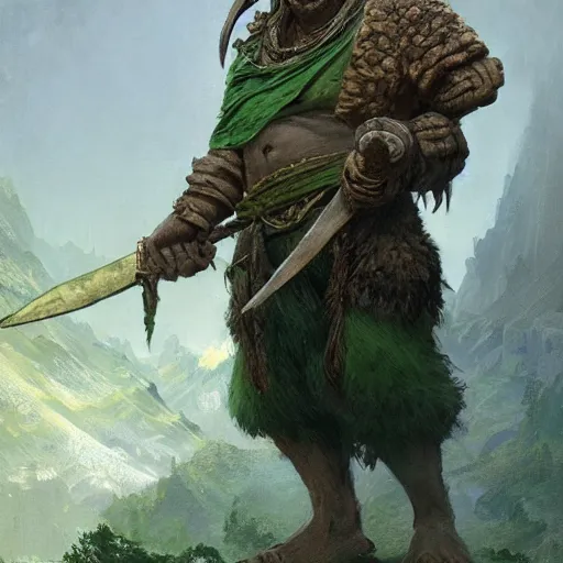 Prompt: a friendly orcish merchant, green skin and tusks, fantasy character portrait by greg rutkowski, gaston bussiere, craig mullins