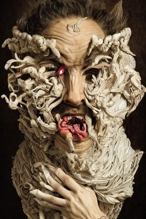 Prompt: Detailed maximalist portrait a Greek god with large white eyes and an angry face, fleshy body, botany, HD mixed media 3d collage, highly detailed and intricate, surreal illustration in the style of Caravaggio, dark art, baroque