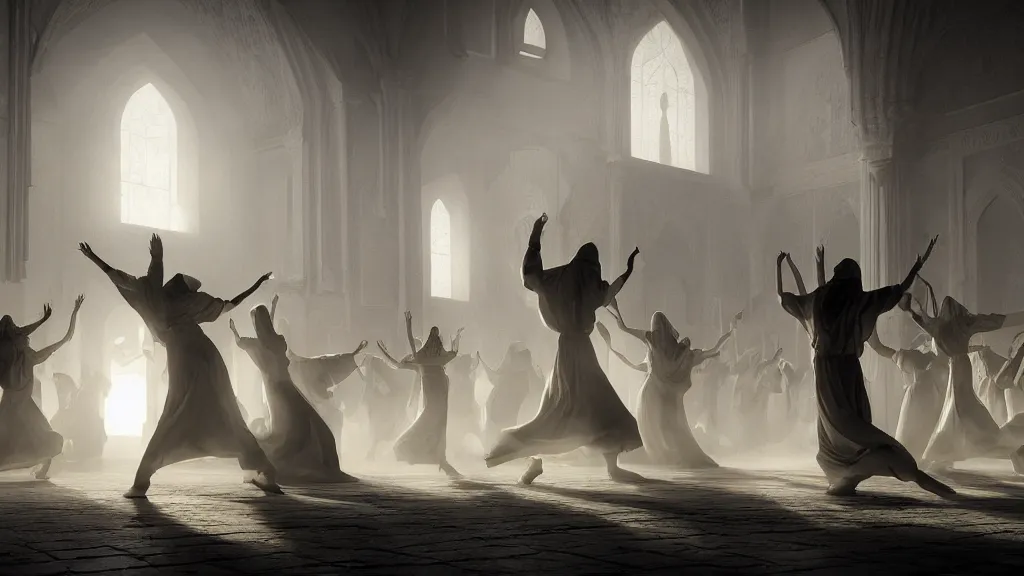 Image similar to tyrkisk sufi dance, sufi, arabic words, bysintine, gothic, 4 k, smokey, michael whelan, peter mohrbache, giovanni paolo panini style epic, volumetric light, insanely detailed, unreal engine render, artstation trends, hyper detail, epic art style, cinematic, concept art, soft white gold lights