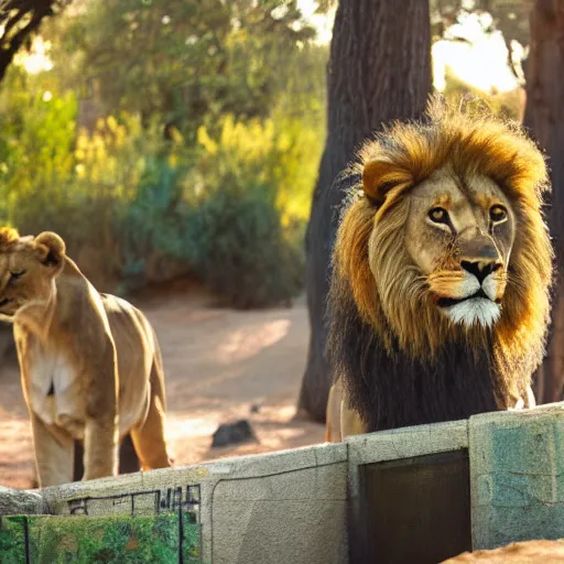 Image similar to photograph of a polaroid of a lion loose at the san diego zoo, tourists in background, bokeh, high definition, slr, golden hour, realistic skin