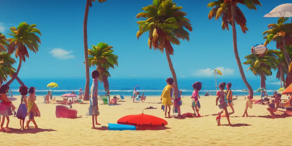 Prompt: a film still of a sunny, windy and colourful beach scene in santa monica, los angelos, narrow shot, low depth of field, wes anderson, studio ghibli, pixar and disney animation, sharp, rendered in unreal engine 5, anime key art by greg rutkowski, bloom, dramatic lighting