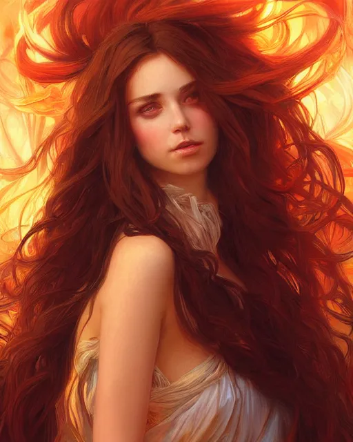 Prompt: beautiful long haired girl, fire dress, portrait, flames everywhere, highly detailed, digital painting, artstation, concept art, smooth, sharp focus, illustration, art by artgerm and greg rutkowski and alphonse mucha