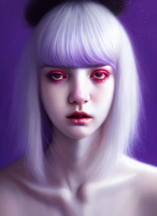 Image similar to hair whitebangs hair, black hair, whitebangs, portrait of teenage girl with white bangs, red irises, purple clothes, white bangs, bangs are different color from hair, intricate, elegant, glowing lights, highly detailed, digital painting, artstation, concept art, smooth, sharp focus, illustration, art by wlop, mars ravelo and greg rutkowski