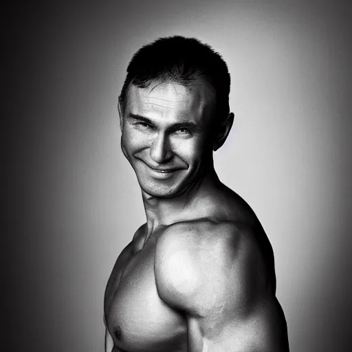 Image similar to vladimir putin sigma male, megachad, grindset, muscular, black and white image, powerful jaw, smiling, 8 k, professional portrait photography