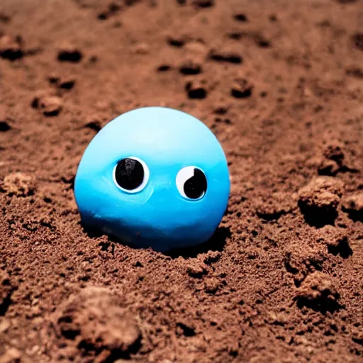 Image similar to photo of a small round creature made of dirt with round blue eyes and a round clown nose and a cute smile