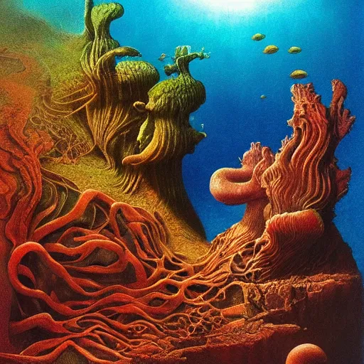 Prompt: underwater landscape, fluid, smooth, organic, crazy, bright colours, high contrast, sharpness, beautiful, peaceful, very detailed, intricate, by giger and corben and moebius and beksinski and bosch and bacon