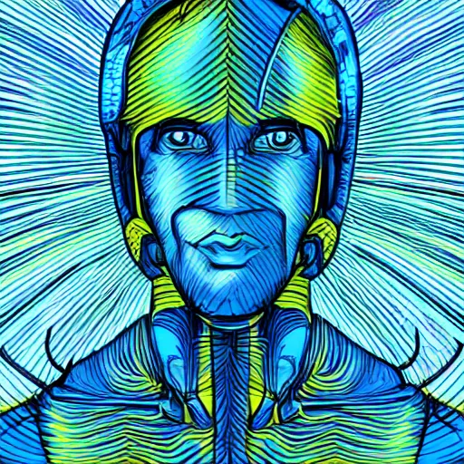 Image similar to human man that resembles a wasp morh in surreal sketch style, blue and yellow gradient, noise, ultrafine detail, hd 8k, logo illustration