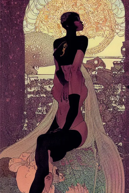 Image similar to a beautiful illustration of a black godess model girl with short hair, bikini, she's sad by mucha and moebius and geof darrow, sunset, street of hong kong, cinematic light, very detailed, depressing atmosphere, cover magazine