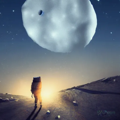 Image similar to a comet hitting the moon, perspective of a man on ground, digital art, epic, smooth, apocalyptic, trending on artstation