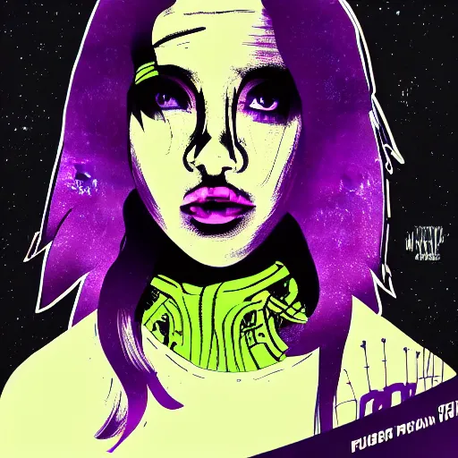 Image similar to poster artwork, sci fi, a female, full body, black hoodie techie, black hair with purple streaks, 8 k