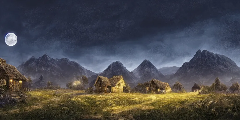 Image similar to Skeleton infested fields with large mountains in the distance, small cottage in the foreground, nighttime, moon in the night sky, landscape wallpaper, d&d art, fantasy, painted, 4k, high detail, sharp focus