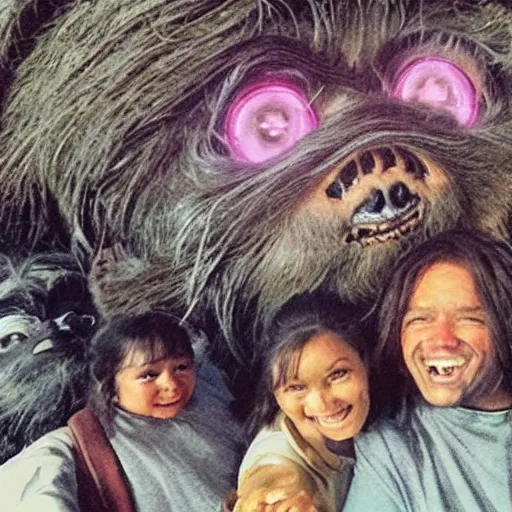 Image similar to Ewok family taking selfie at the gates of Mordor