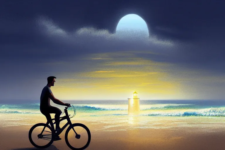 Prompt: photo of man riding a bicycle along the beach, glowing underwater toward a lighthouse in the distance, silhouette, wide horizon, large white clouds, intricate, elegant, highly detailed, digital painting, artstation, concept art, smooth, sharp focus, illustration, art by artgerm and greg rutkowski and fra angelico